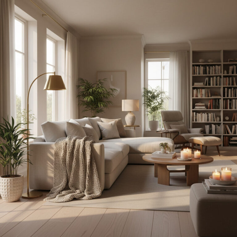 alt_text: Cozy modern living room with neutral decor, plush sofa, plants, candles, and a relaxing vibe.