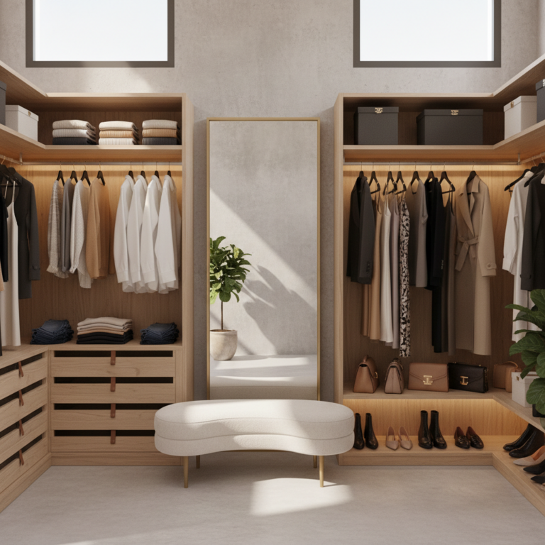 alt_text Modern walk-in wardrobe with curated women’s clothing, handbags, shoes, mirror, and greenery.