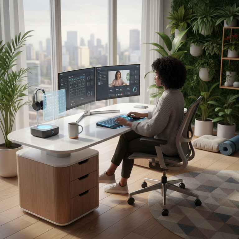 alt_text A modern, sunlit 2026 home office with smart tech, plants, and a focused adult at a dual-monitor desk.