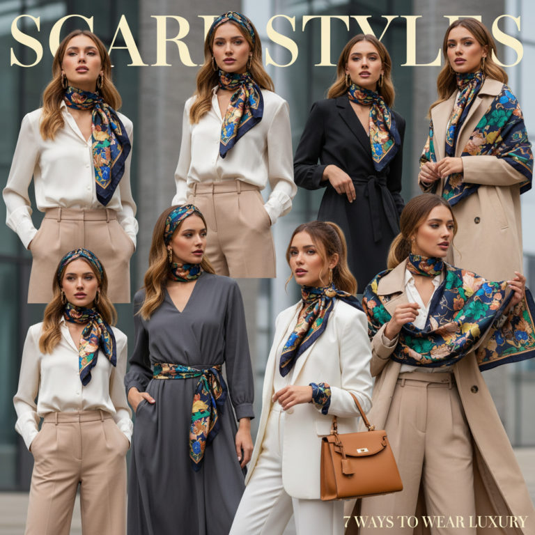 alt_text: Stylish woman models seven silk scarf looks in a modern urban setting, highlighting vivid textures.