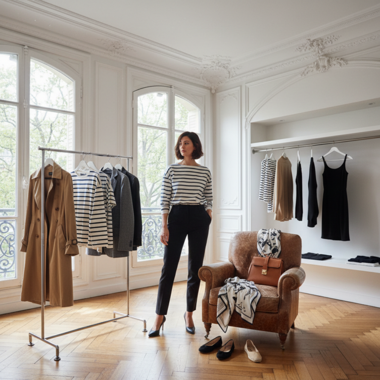 alt_text: A chic woman in a Parisian apartment displays a timeless, neutral-toned French capsule wardrobe.