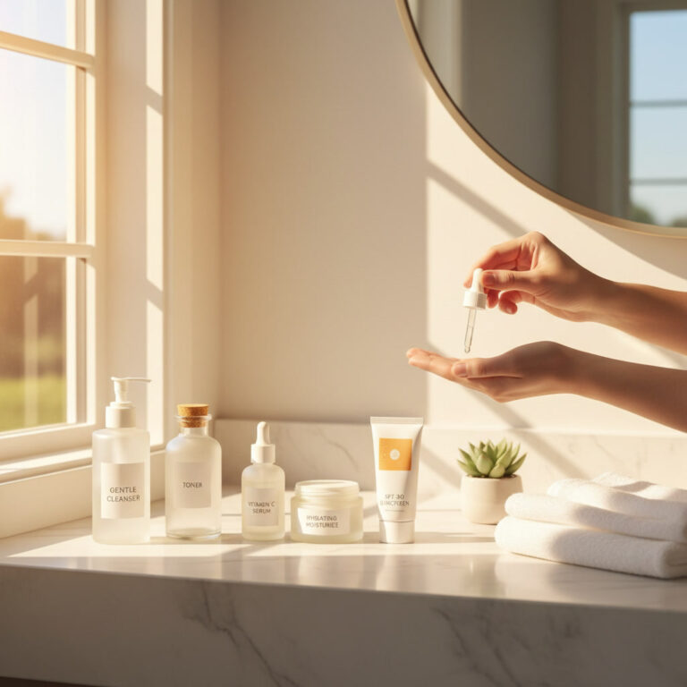 alt_text: Sunlit modern bathroom with hands applying skincare in proper order, towel, plant, and mirror visible.