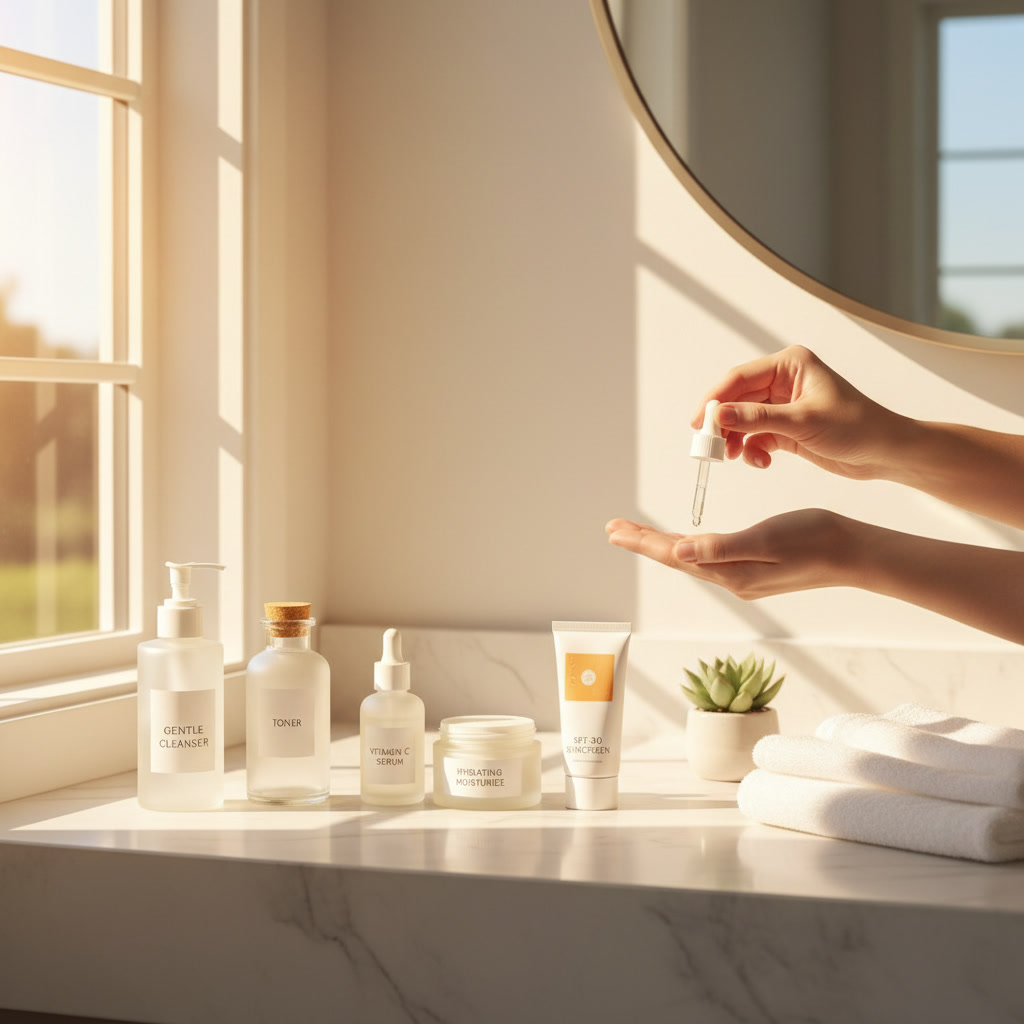alt_text: Sunlit modern bathroom with hands applying skincare in proper order, towel, plant, and mirror visible.