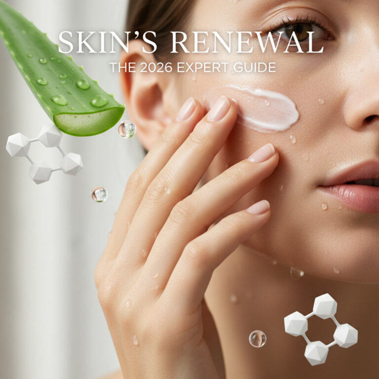 alt_text: Hands apply soothing cream on glowing skin, surrounded by aloe, ceramides, and water droplets.