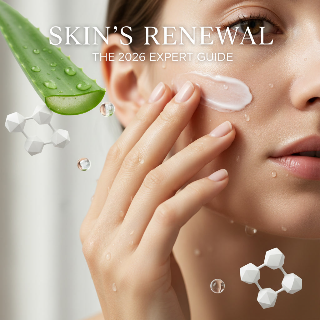 alt_text: Hands apply soothing cream on glowing skin, surrounded by aloe, ceramides, and water droplets.