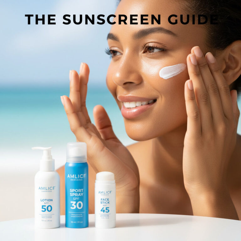 alt_text Person applying sunscreen, showing two fingers of cream, with various sunscreen types in a sunny setting.