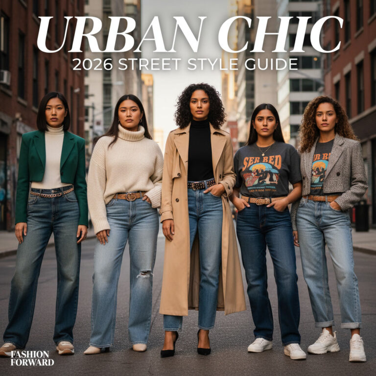 Fashionable women in 2026 street style, wearing trendy wide-leg jeans in a vibrant city scene.