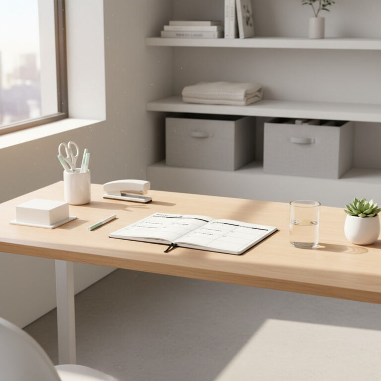 alt_text: Minimalist workspace with tidy desk, planner, plant, and soft natural light for organized living.