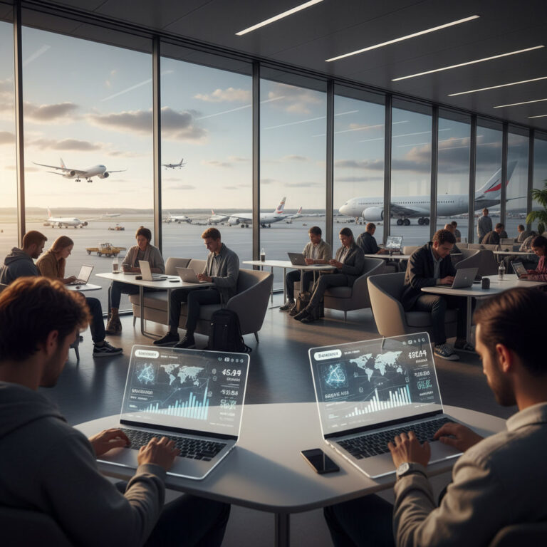 alt_text: Travelers at a modern airport use futuristic devices with AI flight apps and holographic maps.
