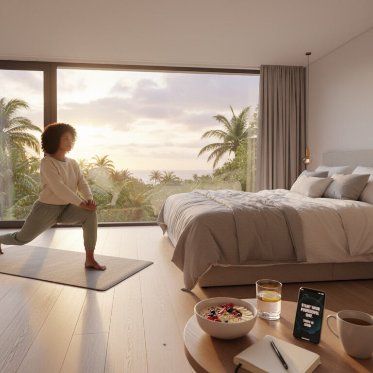 alt_text A diverse person enjoys a calm, organized morning routine in a sunlit bedroom, ready for a healthy day.