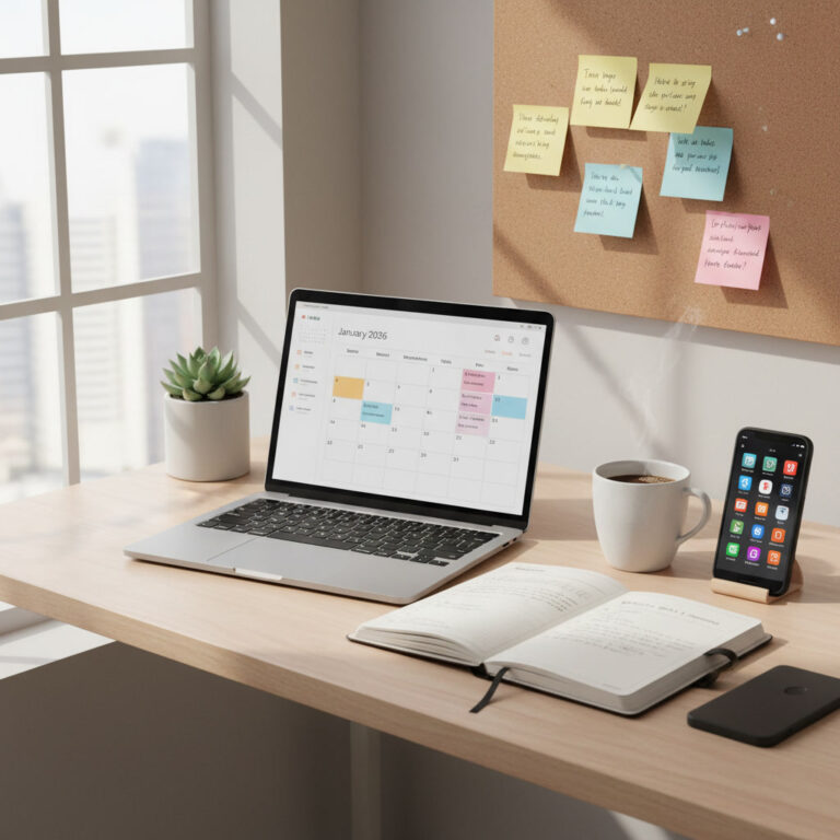 alt_text: Modern workspace with laptop calendar, planner, notes, and coffee, showing weekly productivity.