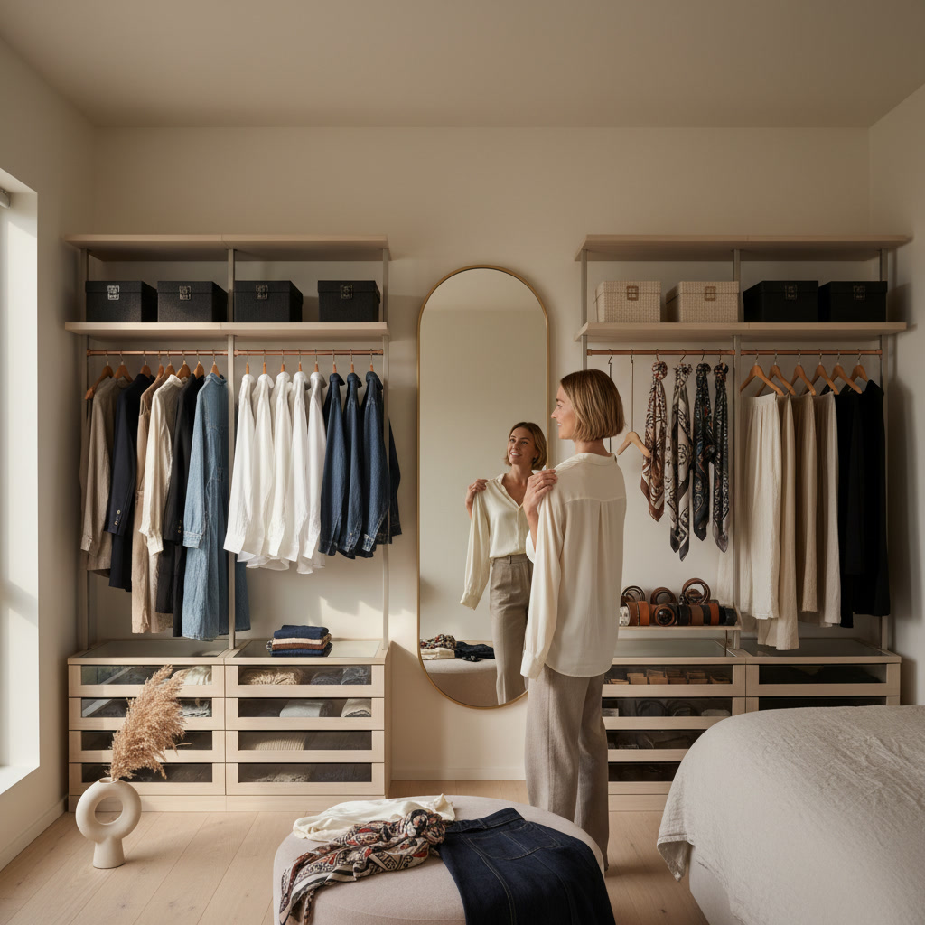A chic person styles outfits from a tidy, minimalist wardrobe of neutrals in a bright modern bedroom.
