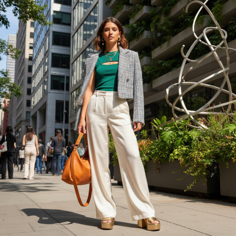 alt_text: Modern woman in wide-leg pants, trendy top, city street, 2026 fashion, chic and confident style