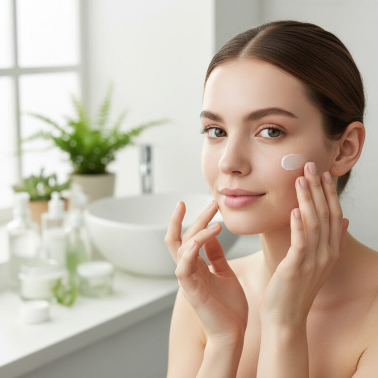 alt_text: Woman with glowing skin applies skincare, modern bathroom background, fresh and confident mood.