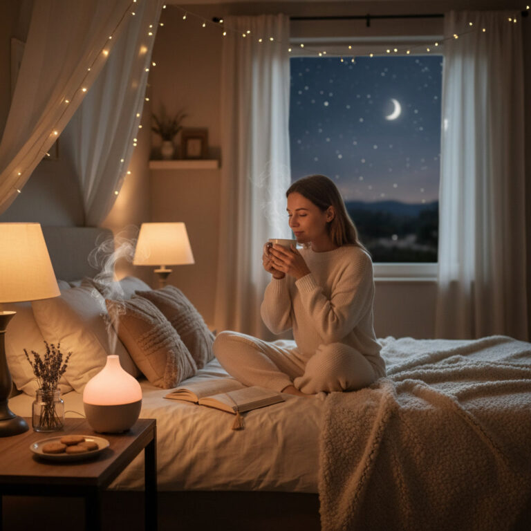 alt_text: A cozy bedroom at night with warm lights, a person relaxing on bed with tea, book, and soft blanket.