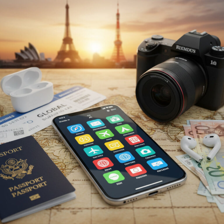 Smartphone with travel apps amid maps, passport, camera, currency, and famous global landmarks.