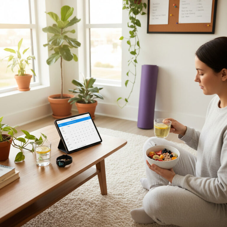 alt_text A cozy, sunlit home scene with breakfast, tablet, plants, yoga mat, smartwatch, and a to-do list.