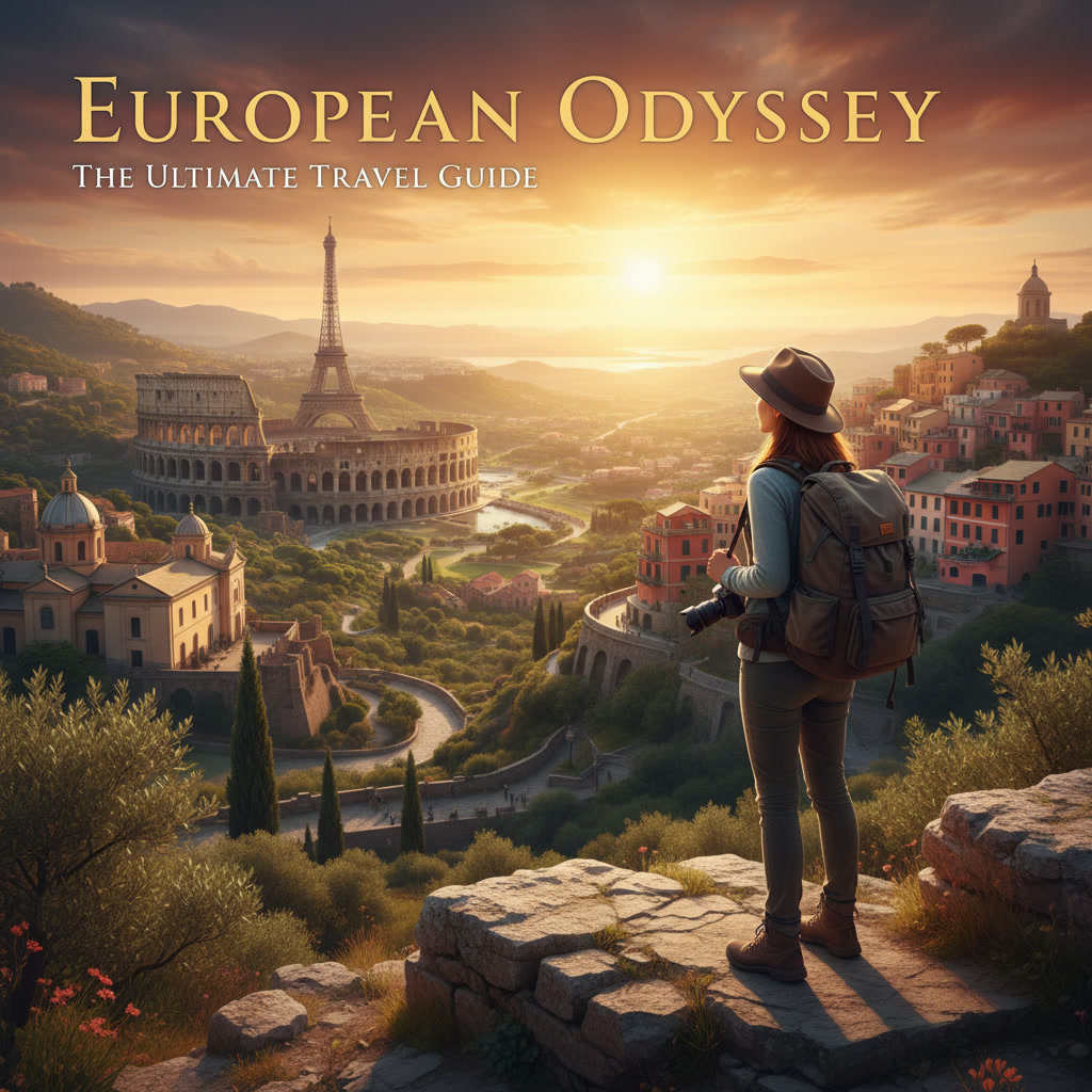 alt_text A solo traveler overlooks iconic European landmarks and scenic villages, evoking adventure and wanderlust.