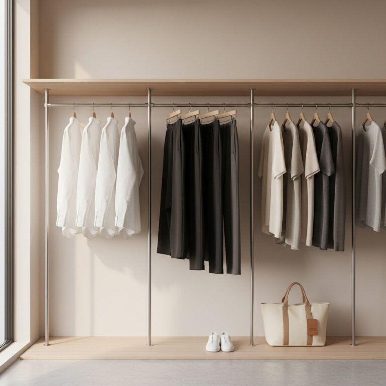 alt_text: Minimal wardrobe with neatly arranged basics, soft lighting, and timeless style for 2026.