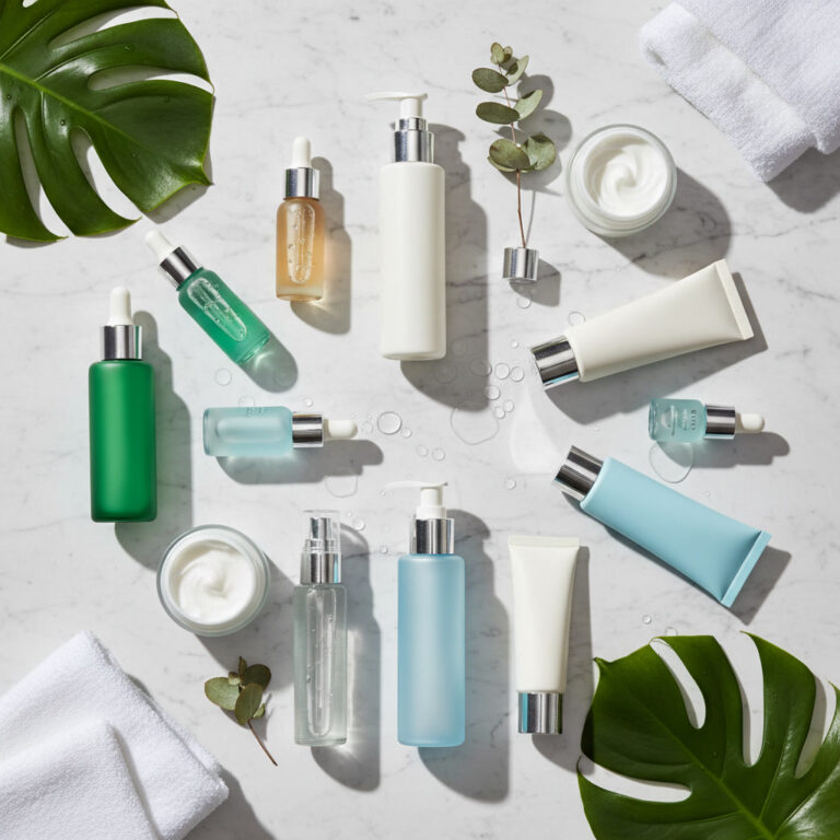 alt_text Luxury skincare products on marble, with leaves and towels, evoke a fresh, curated 2026 routine.