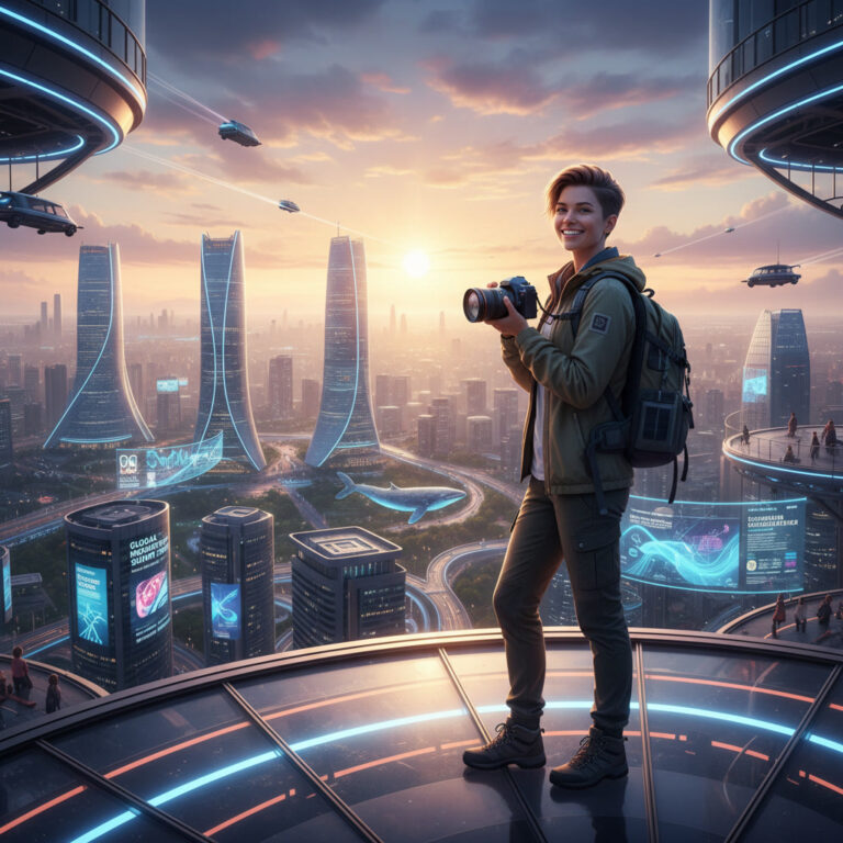 alt_text: Solo traveler with backpack surveys futuristic city at sunrise, capturing hope and adventure in 2026.