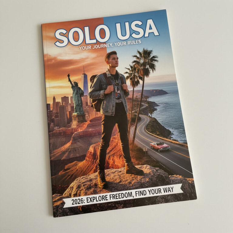 alt_text: Solo traveler overlooks iconic USA sites—NYC, Grand Canyon, California—symbolizing freedom and adventure.
