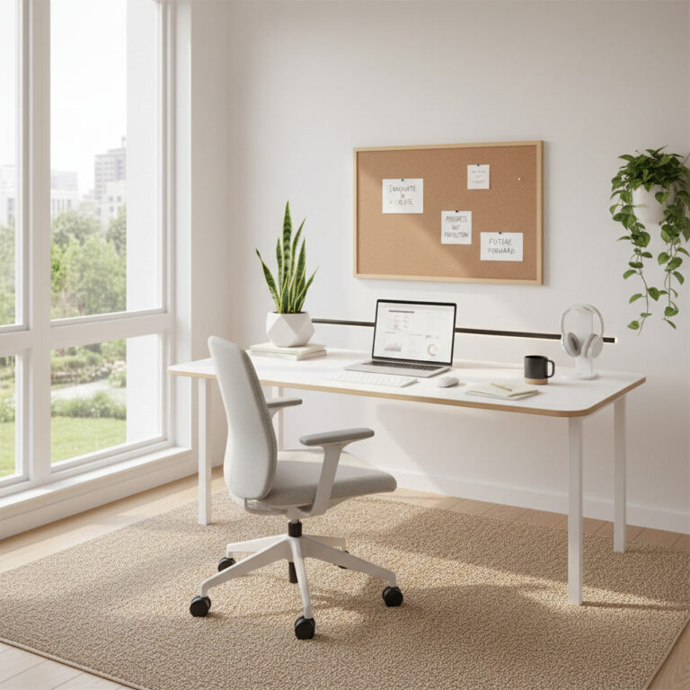 alt_text: A modern, bright home office with sleek tech, greenery, and ergonomic furniture for productivity.