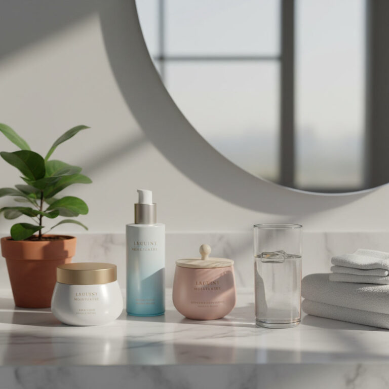 alt_text Luxurious, pastel moisturizer jars on a sunlit bathroom counter with towels, glass of water, and greenery.