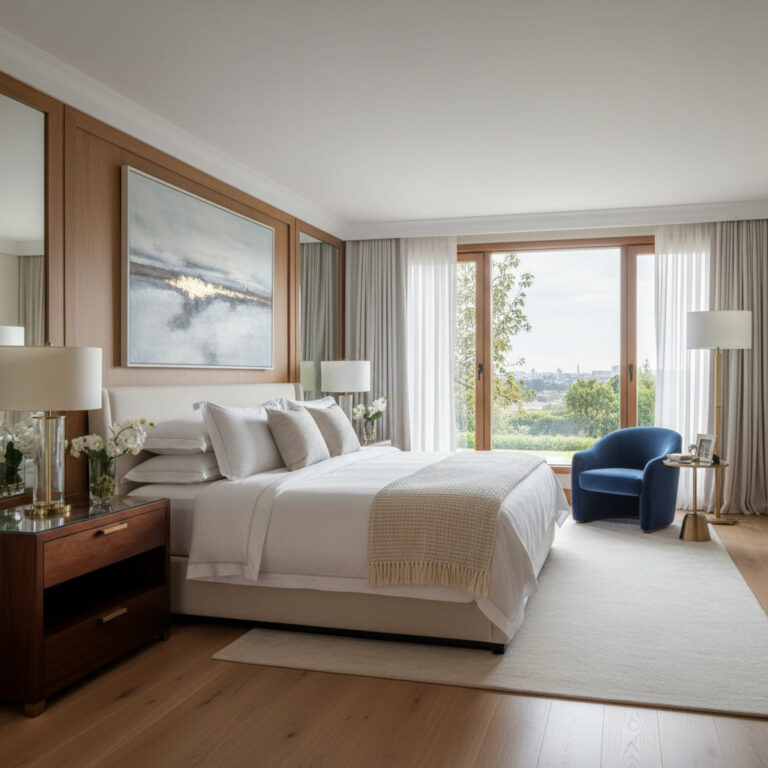 alt_text Elegant modern bedroom with a plush king bed, cozy seating, and city or garden views, exuding luxury.