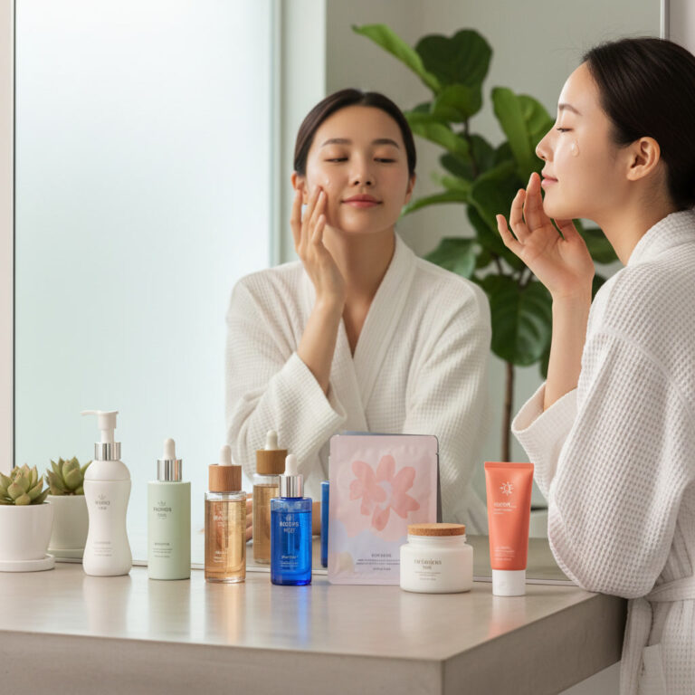 alt_text: Woman enjoying a serene morning skincare routine with seven elegant Korean beauty products in a bright bathroom.