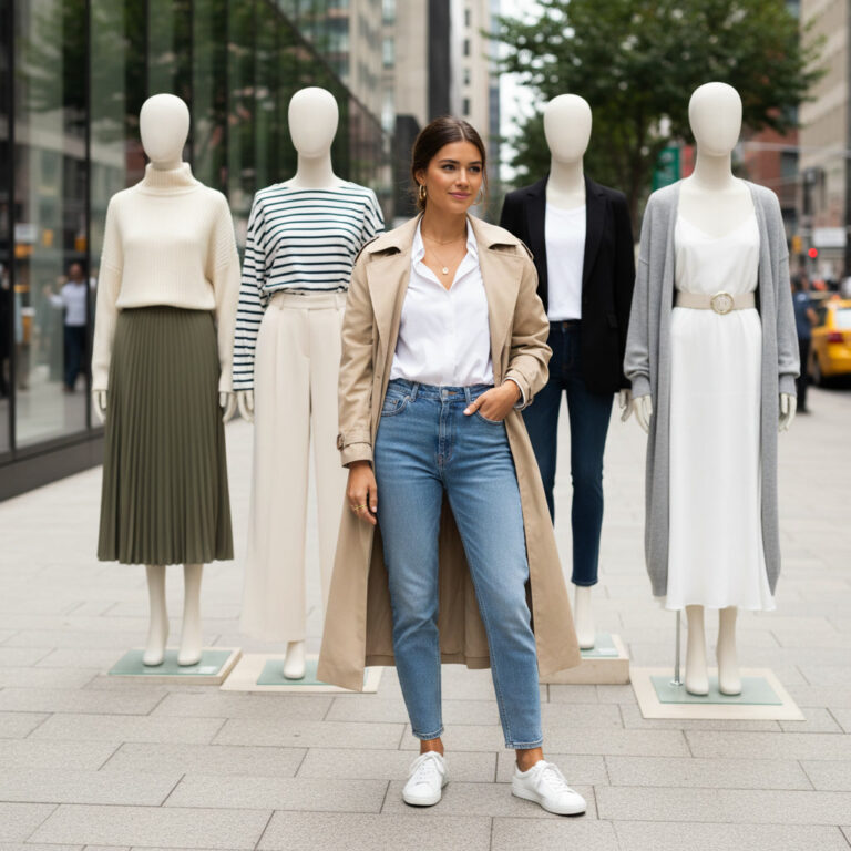 alt_text A stylish woman poses on a city sidewalk, surrounded by chic mannequins and fresh urban fashion.