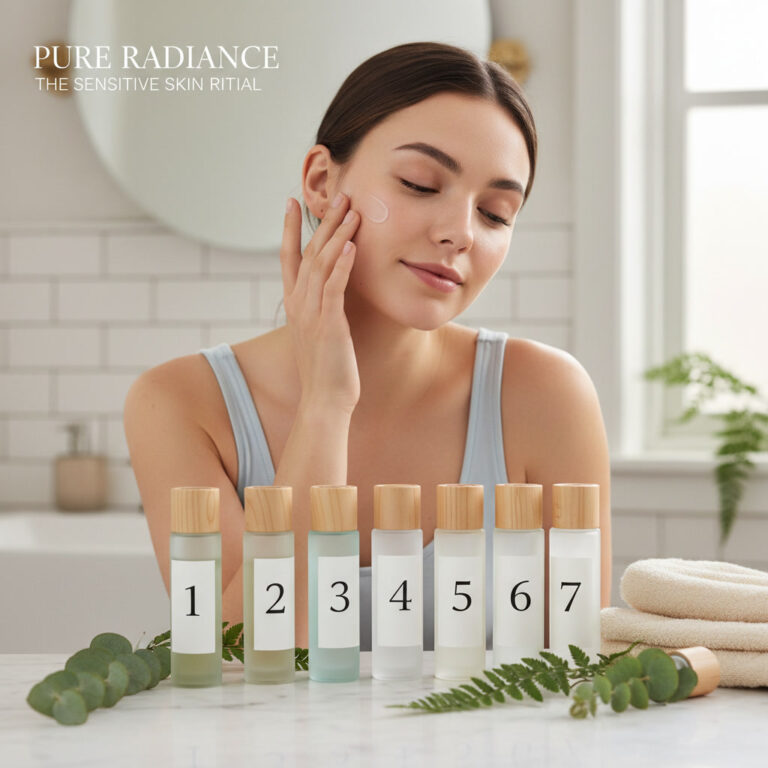 alt_text A woman applies cream in a soft-lit bathroom, with numbered skincare bottles and fresh green leaves.