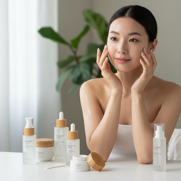 alt_text: Woman with glowing glass skin applies serum, surrounded by minimalist skincare on a sunlit vanity.