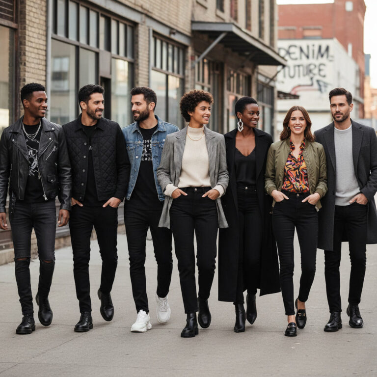 alt_text: Diverse young adults model chic 2026 black jeans outfits in an urban setting, showcasing versatility.