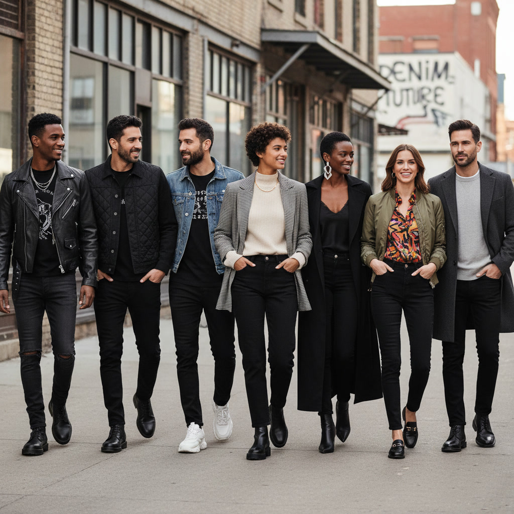 alt_text: Diverse young adults model chic 2026 black jeans outfits in an urban setting, showcasing versatility.