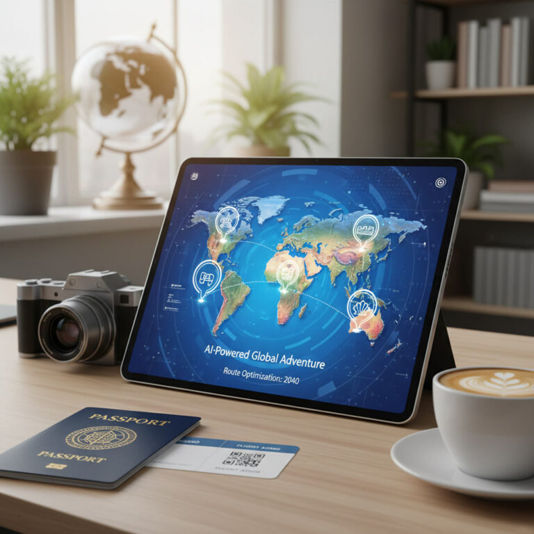 alt_text: Digital tablet shows travel map with landmark pins, travel items, and a cozy workspace setup.