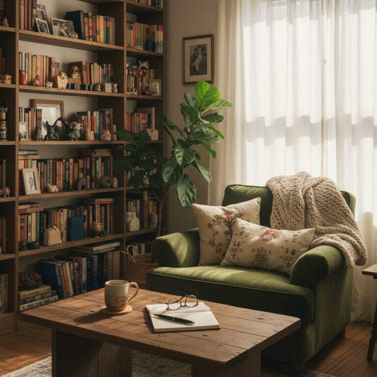 alt_text: Sunlit, cozy living room with books, handmade mug, houseplant, and a comfy armchair.