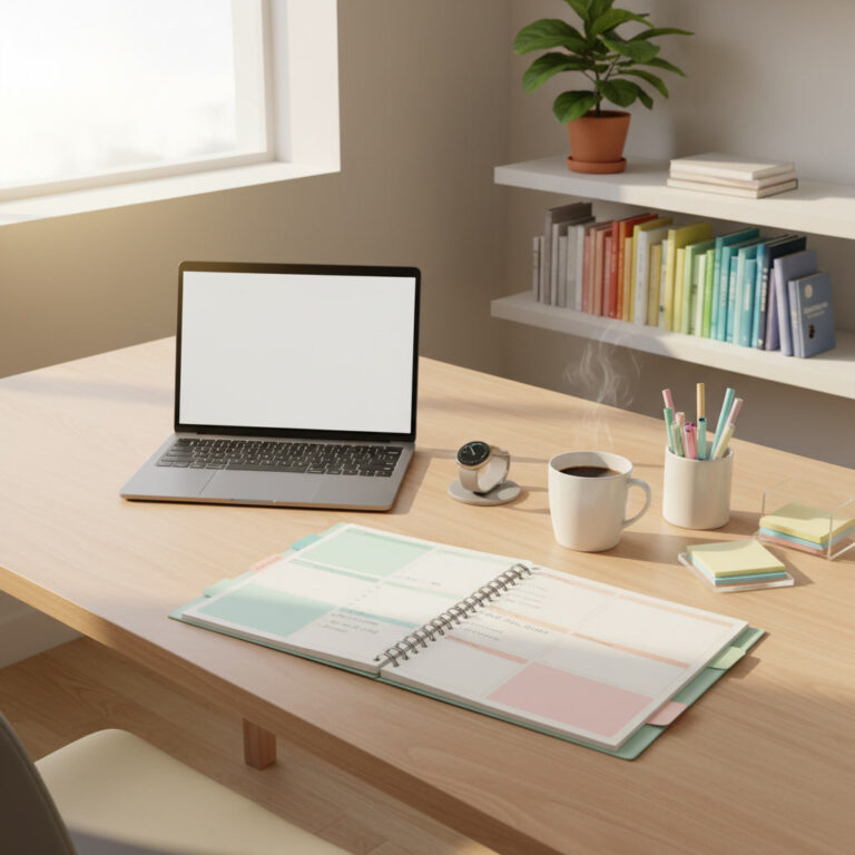 alt_text: A tidy, sunlit home office desk with laptop, planner, coffee, and organized tools for focused work.