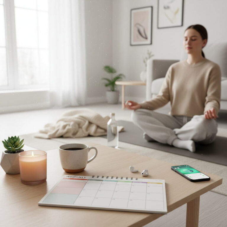 alt_text A calm, organized home scene with wellness essentials, planner, and a person preparing for the week.