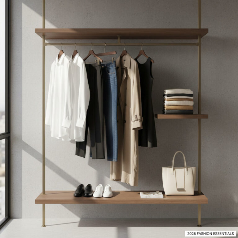 alt_text Modern wardrobe with neutral clothes, shoes, and accessories in a minimalist, bright setting.