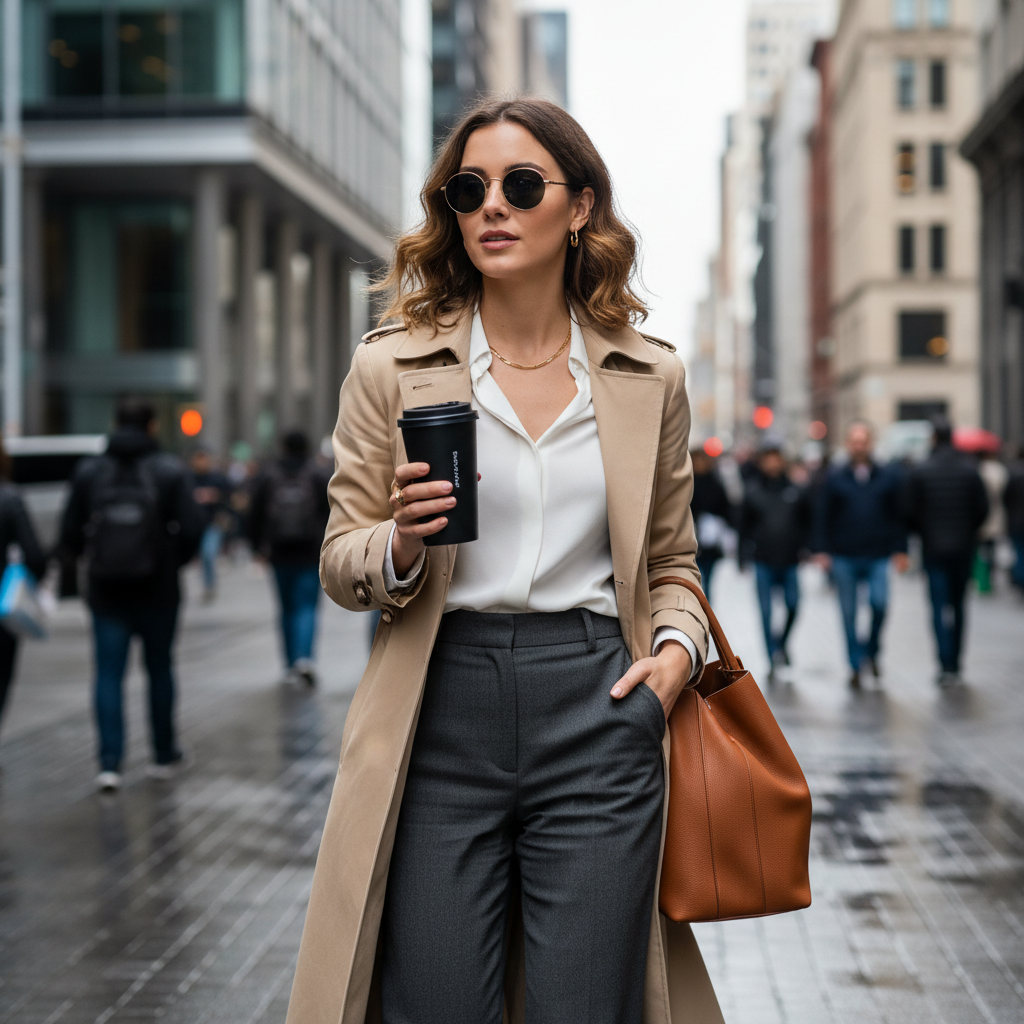alt_text: Stylish woman in chic, affordable fashion walks city street, exuding elegance and confidence.