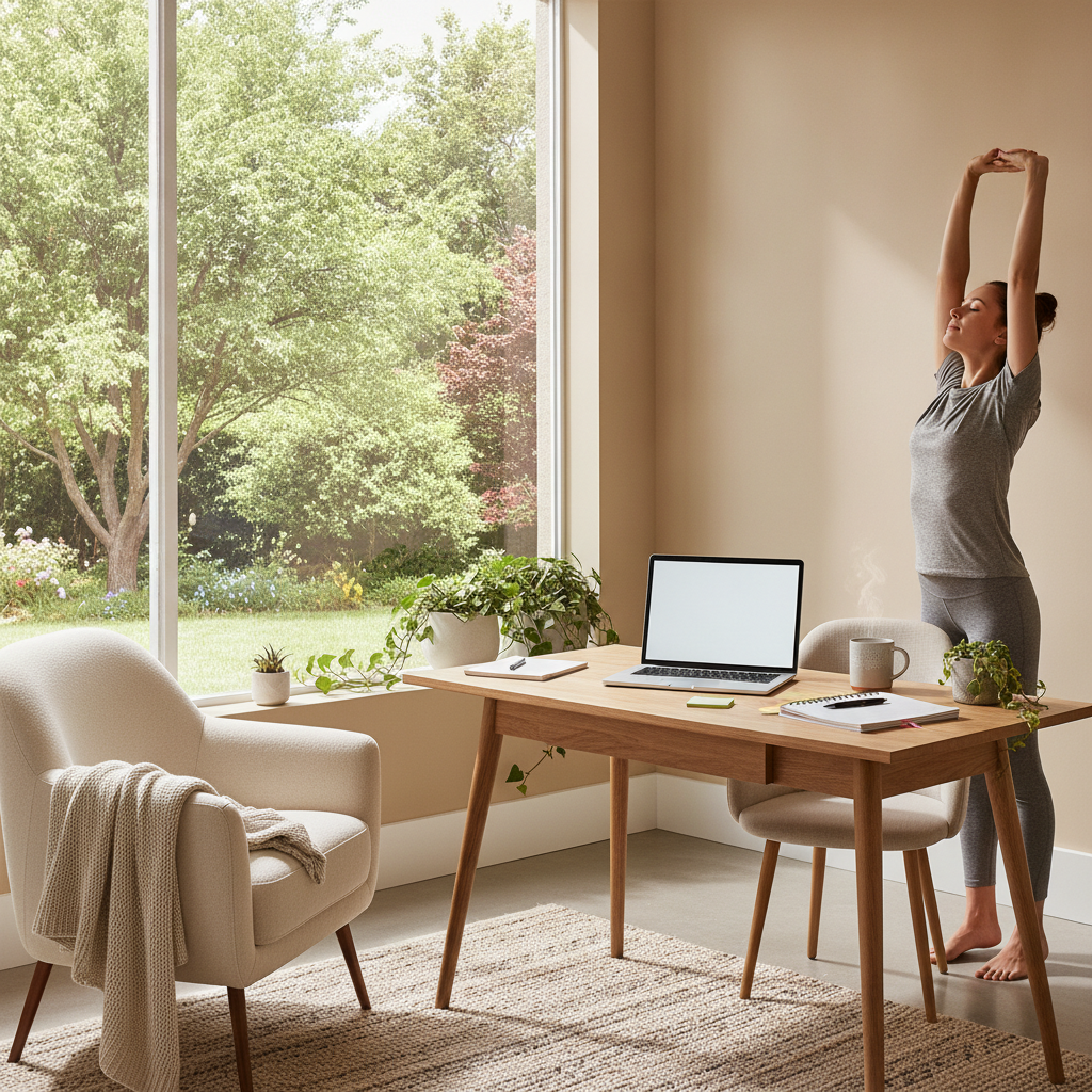 alt_text: Modern sunlit home office with a cozy desk, laptop, coffee, and mindful person stretching for focus.