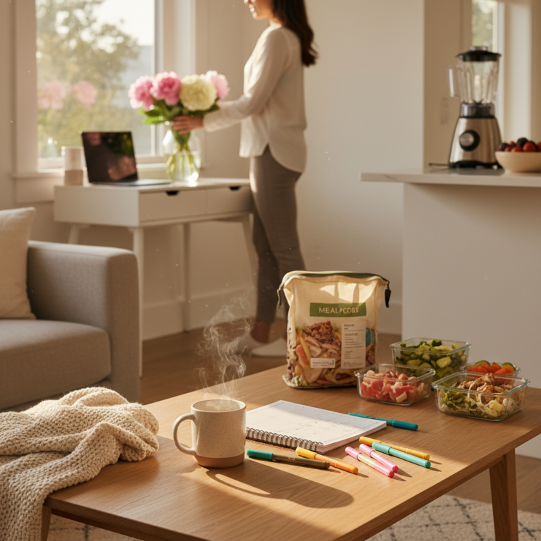 alt_text: Sunlit living room, organized workspace, meal prep, and cozy setup for a motivated week ahead.