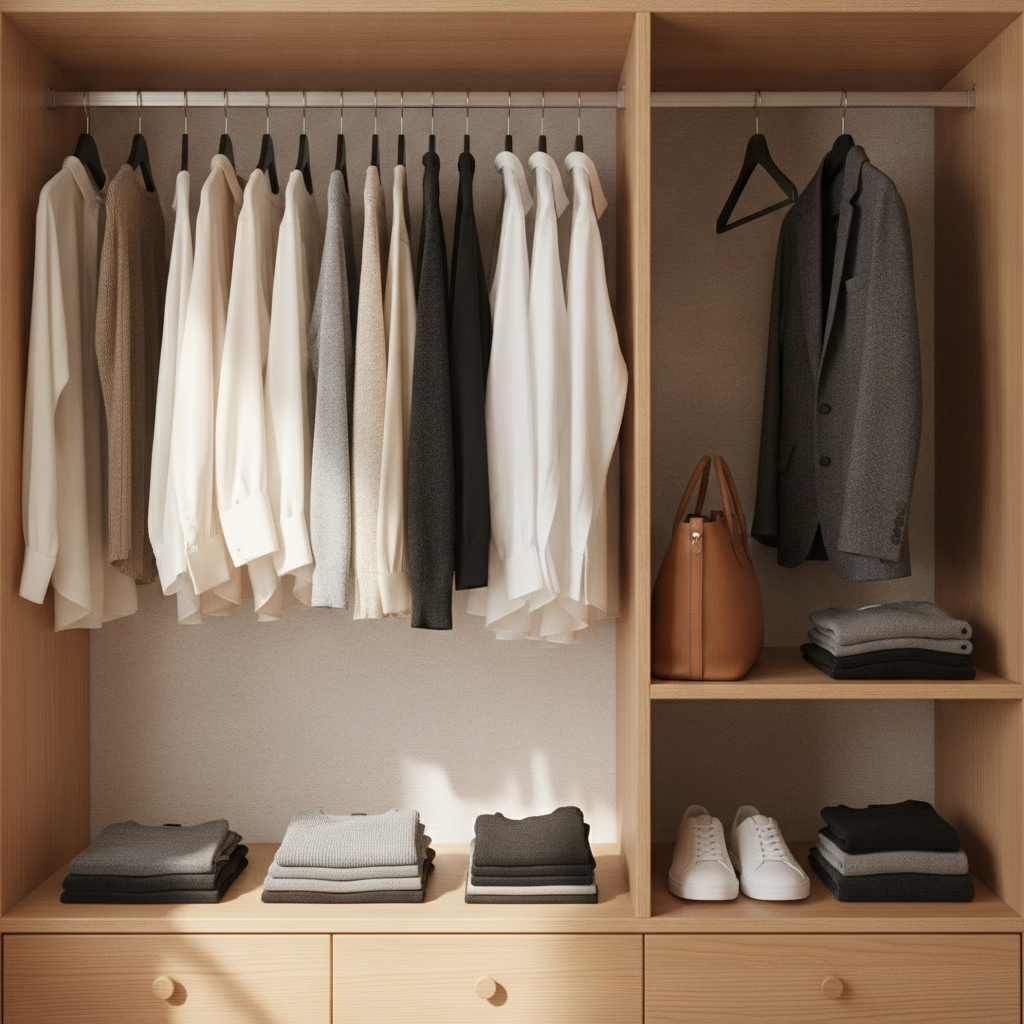 alt_text: Minimalist wardrobe with neutral clothes, classic accessories, and warm wooden shelves in soft light.