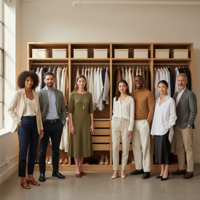 alt_text: Diverse people stand by a chic wardrobe of timeless, classic clothing staples in a modern setting.